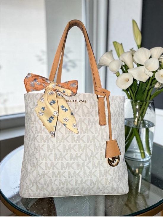 Michael Kors Handbags - Michael Kors Cream Signature Tote with Tan Handles and Floral Scarf